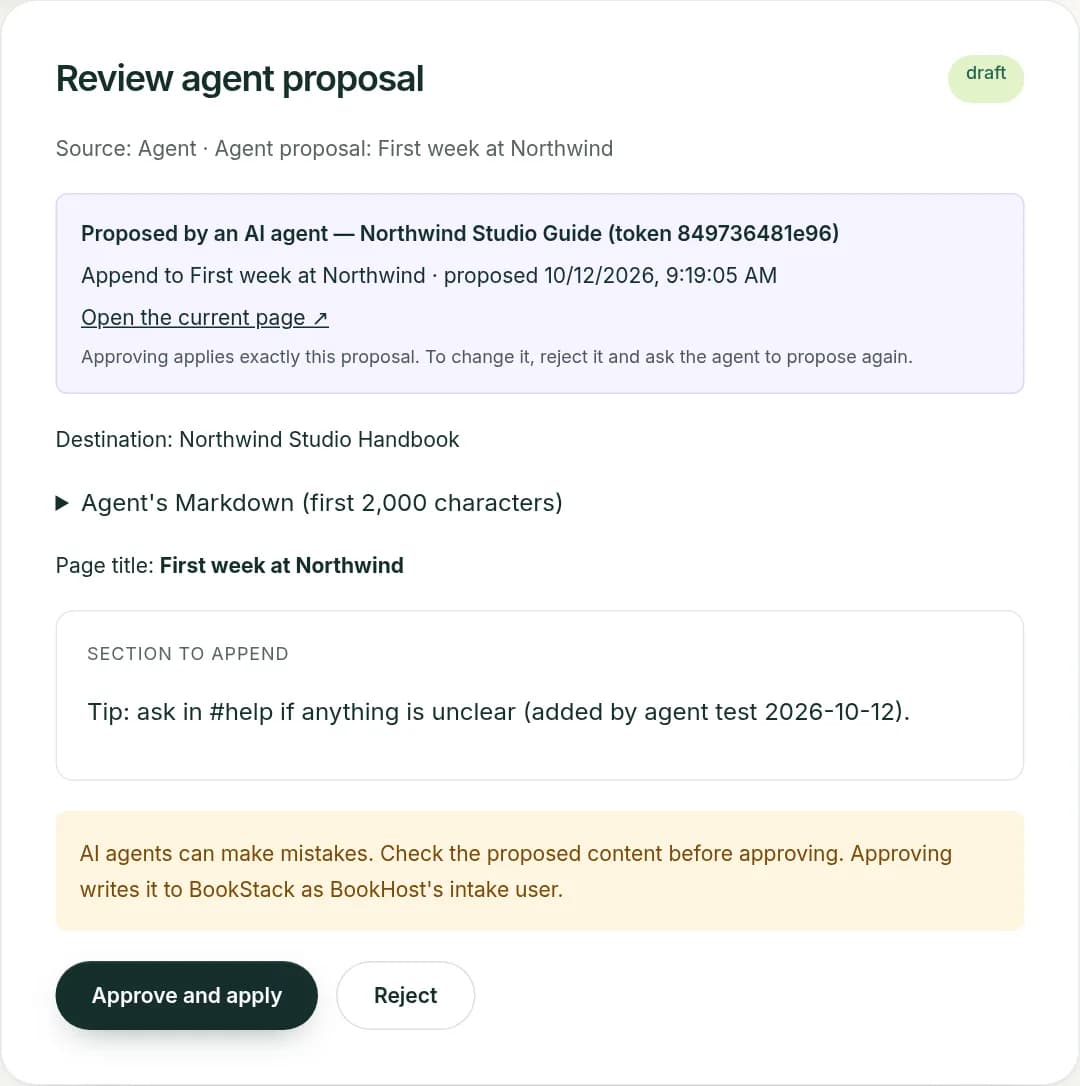 Review agent proposal card: proposed by an AI agent named Northwind Studio Guide, appending one line to the page First week at Northwind, with Approve and apply and Reject buttons