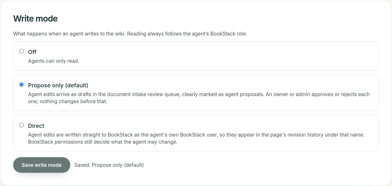 Write mode setting with three options: Off, Propose only (default, selected) and Direct