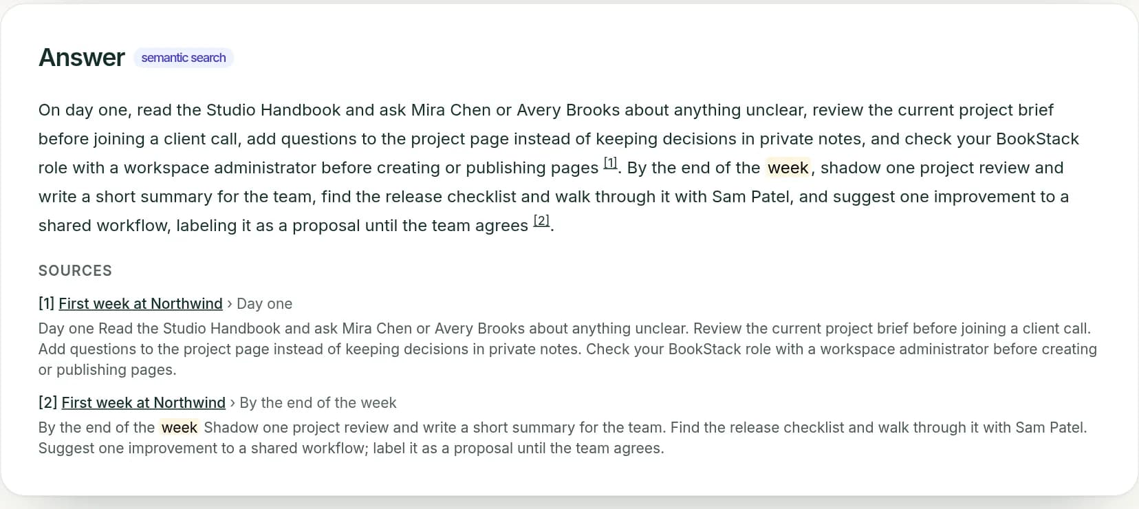 An AI answer about a designer's first week, with numbered citations and a Sources list naming the page First week at Northwind and its sections Day one and By the end of the week