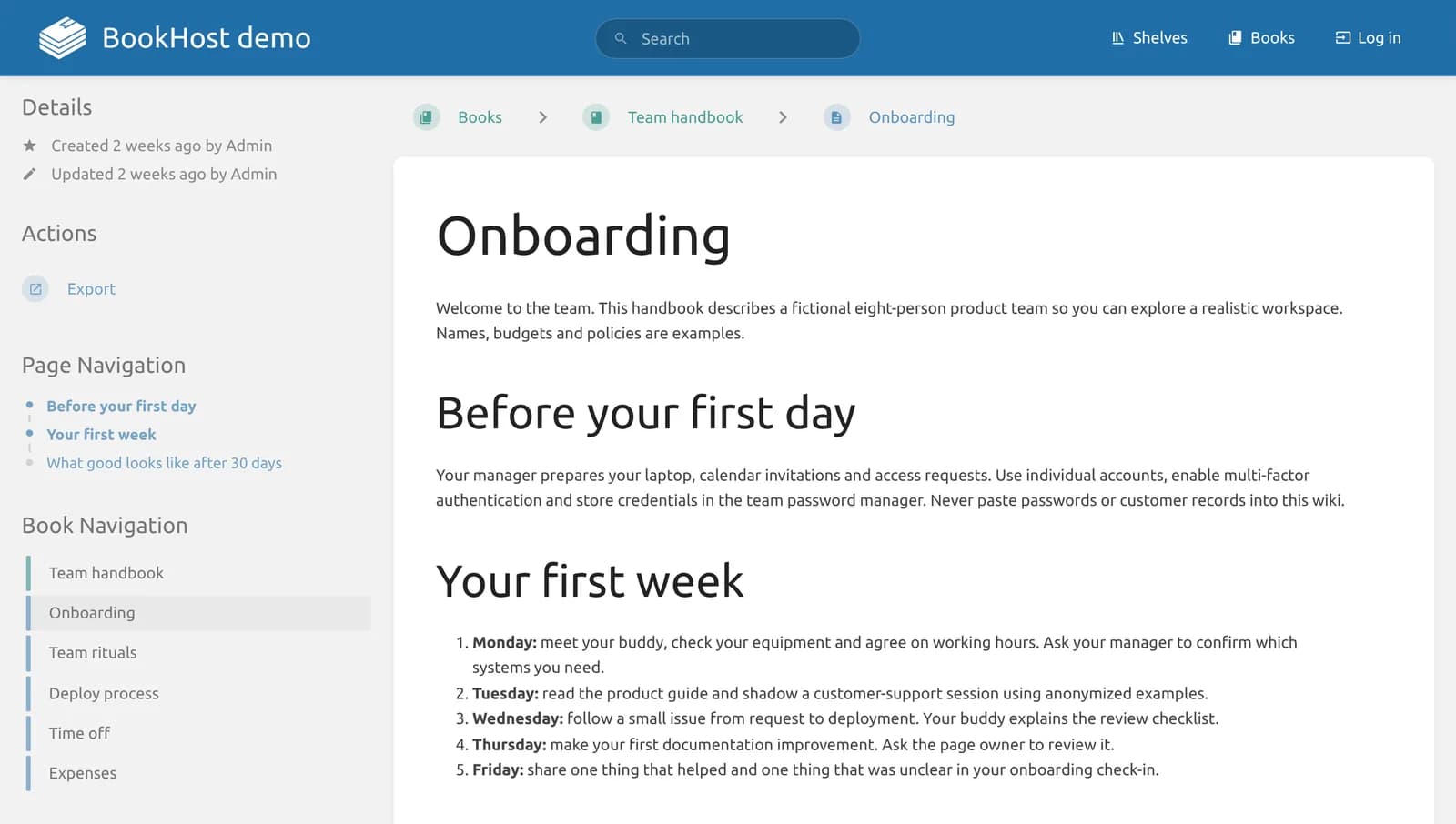 The BookHost demo workspace in BookStack, showing the Onboarding page of a fictional team handbook with book navigation on the left