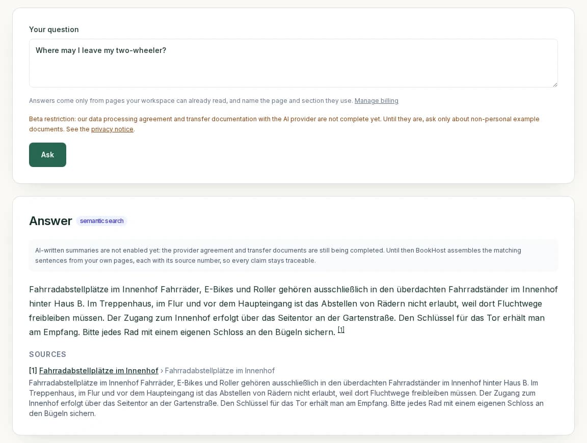 Ask your wiki answering "Where may I leave my two-wheeler?" with the bike-parking page as its numbered source